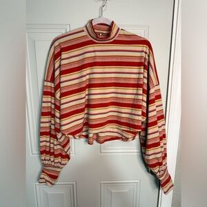 Free People Red and Cream Striped Long Sleeve Top. Size XS Oversized